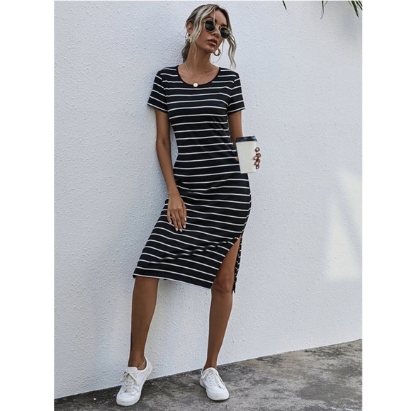 Striped Tee Shirt Dress Side Slits White on Black Short Sleeves - Picture 6 of 8